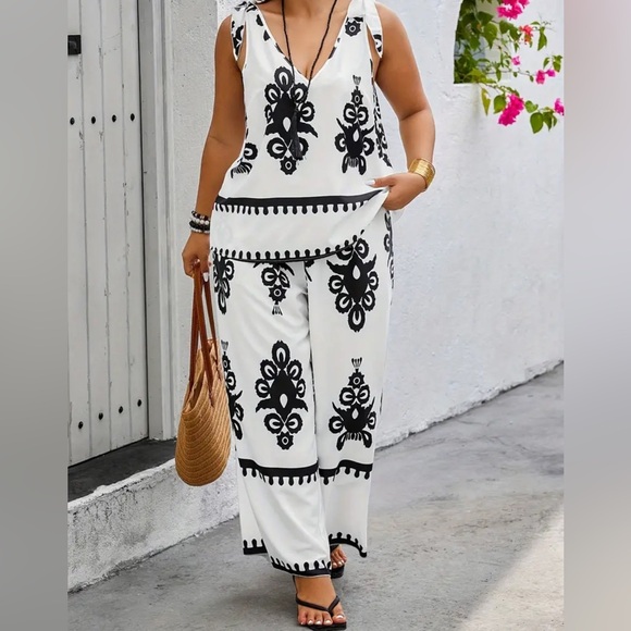 Boho Plus Size Graphic Print Two-piece Set, V Neck Sleeveless Top & Wide Legs - Picture 7 of 8
